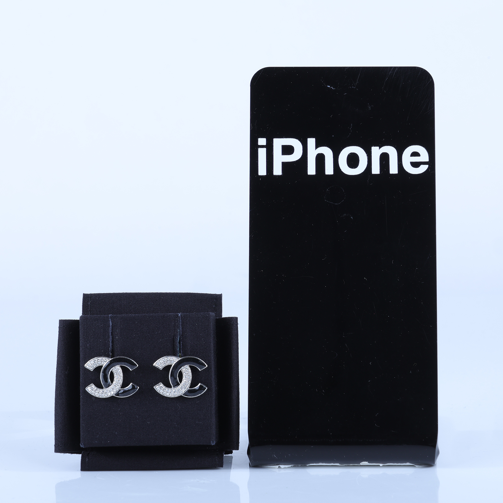 香奈兒 CHANEL CC LOGO 耳環 耳釘  黑銀大雙C水鑽耳環 原廠盒子/內襯