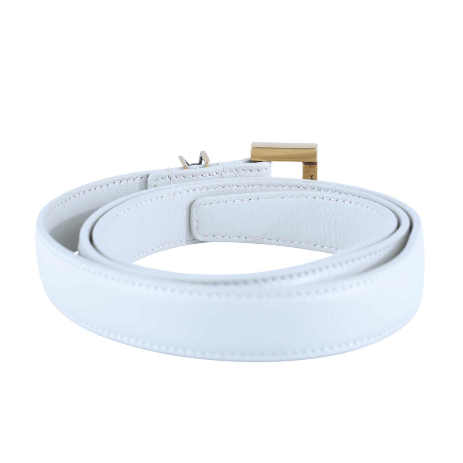 聖羅蘭 YSL SAINT LAURENT Cassandre 光面BOX皮革 方形搭扣 幼身 腰帶 554465BOO0W_85 白LOGO細皮帶 防塵袋