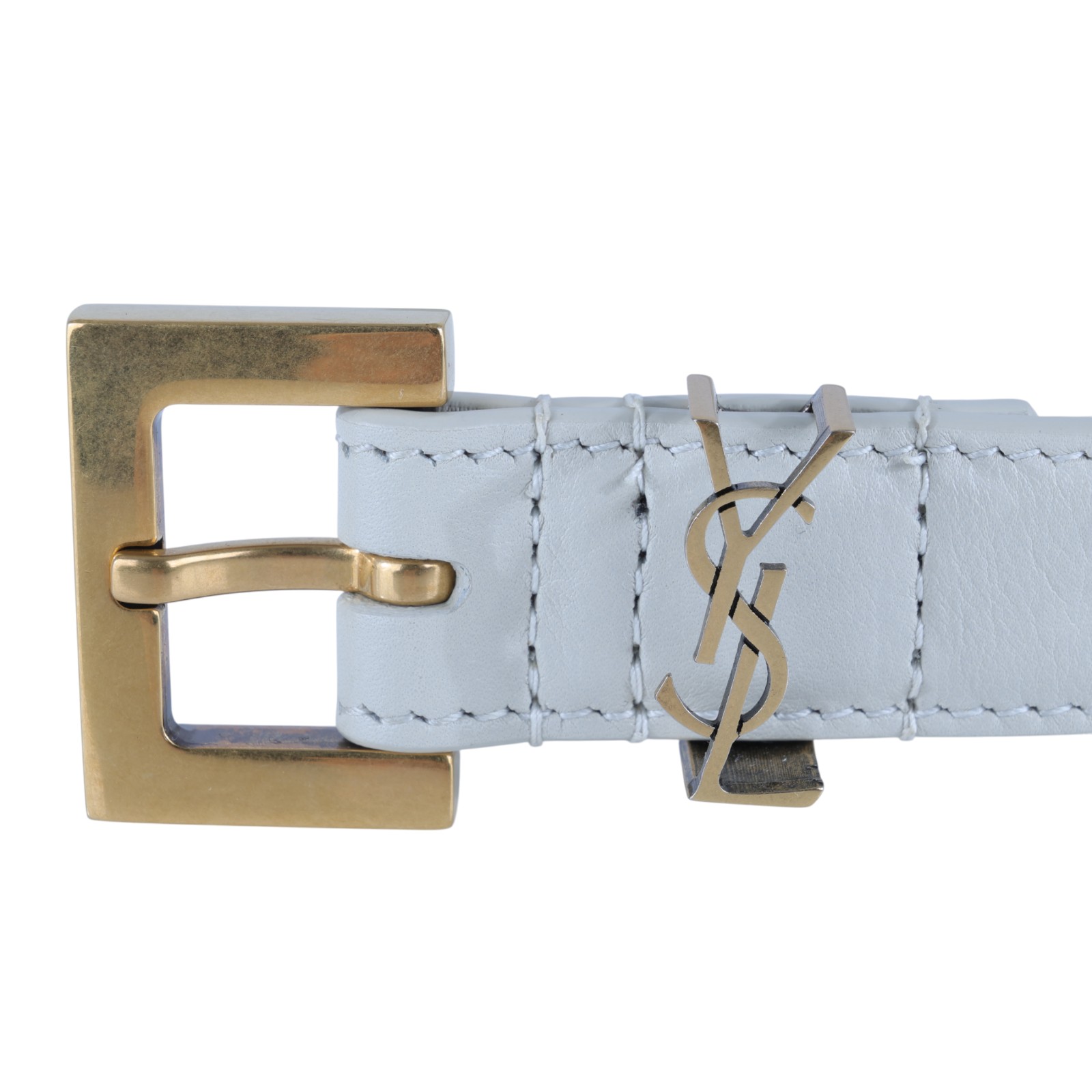 聖羅蘭 YSL SAINT LAURENT Cassandre 光面BOX皮革 方形搭扣 幼身 腰帶 554465BOO0W_85 白LOGO細皮帶 防塵袋