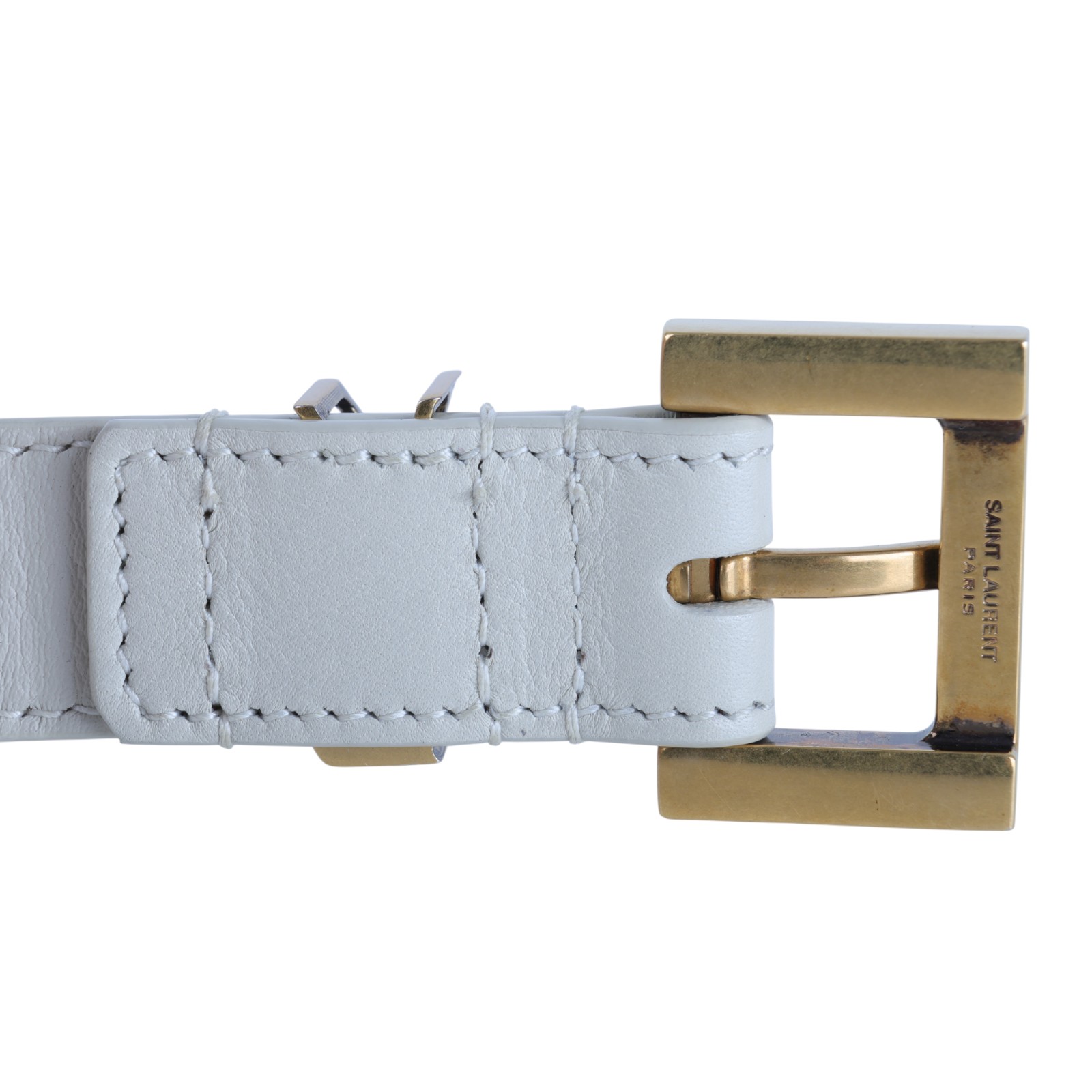 聖羅蘭 YSL SAINT LAURENT Cassandre 光面BOX皮革 方形搭扣 幼身 腰帶 554465BOO0W_85 白LOGO細皮帶 防塵袋