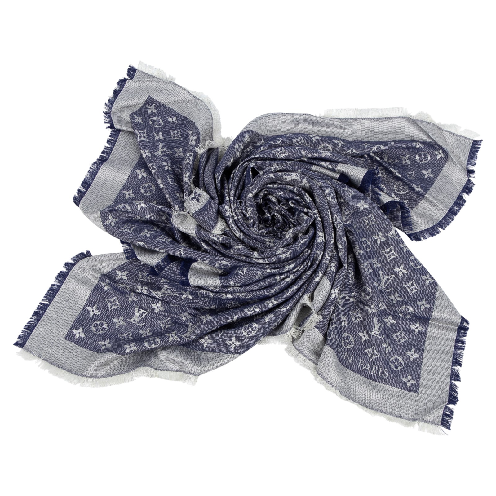 路易威登 LOUIS VUITTON Monogram Denim 披肩 藍色 M71376 藍原花絲巾 無附屬品