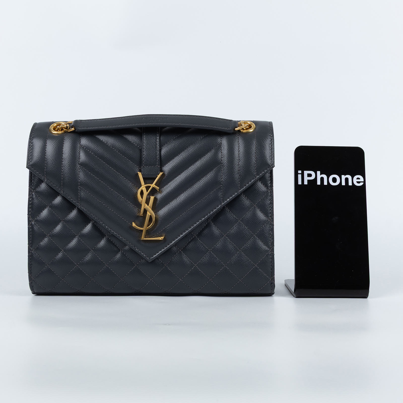 聖羅蘭 YSL SAINT LAURENT Envolpe 信封袋 肩背包 中型 金色五金 487206BOW01 深灰金ENVELOPE信封包 防塵袋