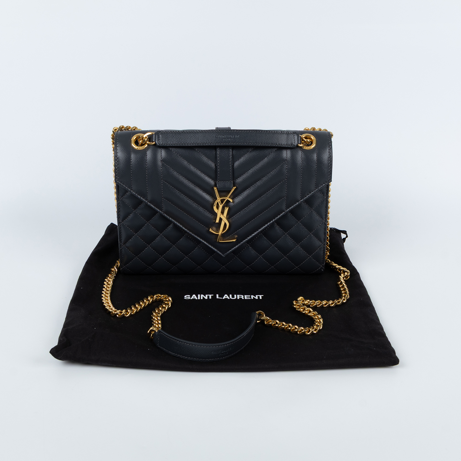 聖羅蘭 YSL SAINT LAURENT Envolpe 信封袋 肩背包 中型 金色五金 487206BOW01 深灰金ENVELOPE信封包 防塵袋
