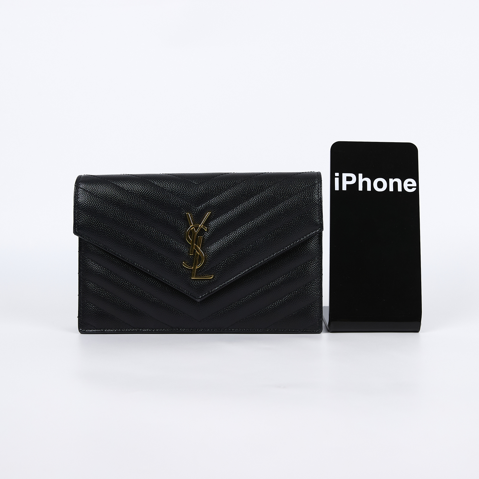 聖羅蘭 YSL SAINT LAURENT Cassandre 信封袋式 鏈條 錢包 742920BOW01 黑金魚子醬WOC 背帶