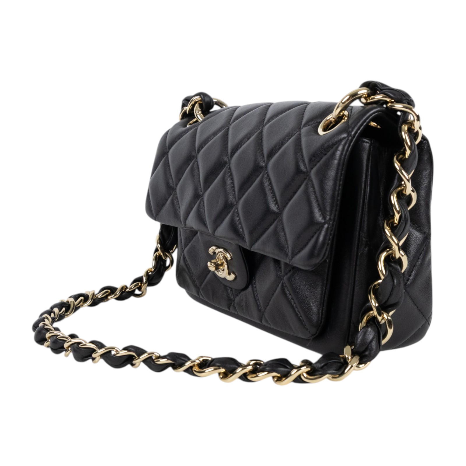 香奈兒 CHANEL CF 口蓋包 菱格紋 皮穿鍊 肩背包  晶片款 黑金雙C多層單肩鍊包 無附屬品