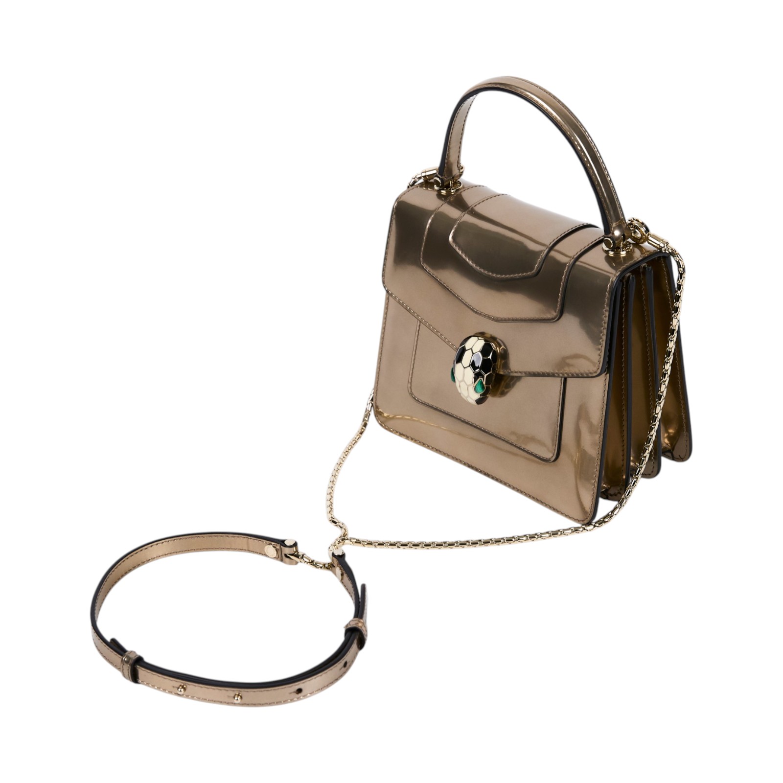 寶格麗 BVLGARI Serpenti Forever 口蓋包 284802 金屬色風琴兩用包 背帶/鏡子/雨衣