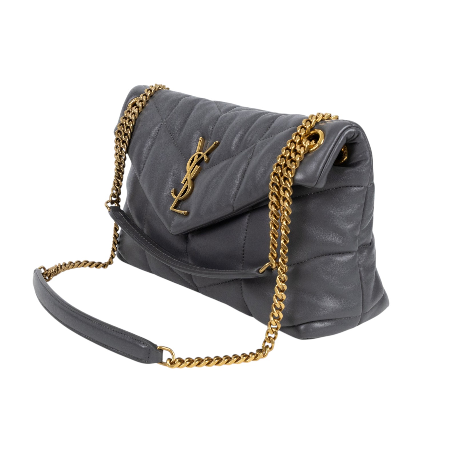 聖羅蘭 YSL SAINT LAURENT Puffer 絎縫納帕皮包 小型 5774761EL07 灰LOULOU PUFFER 無附屬品