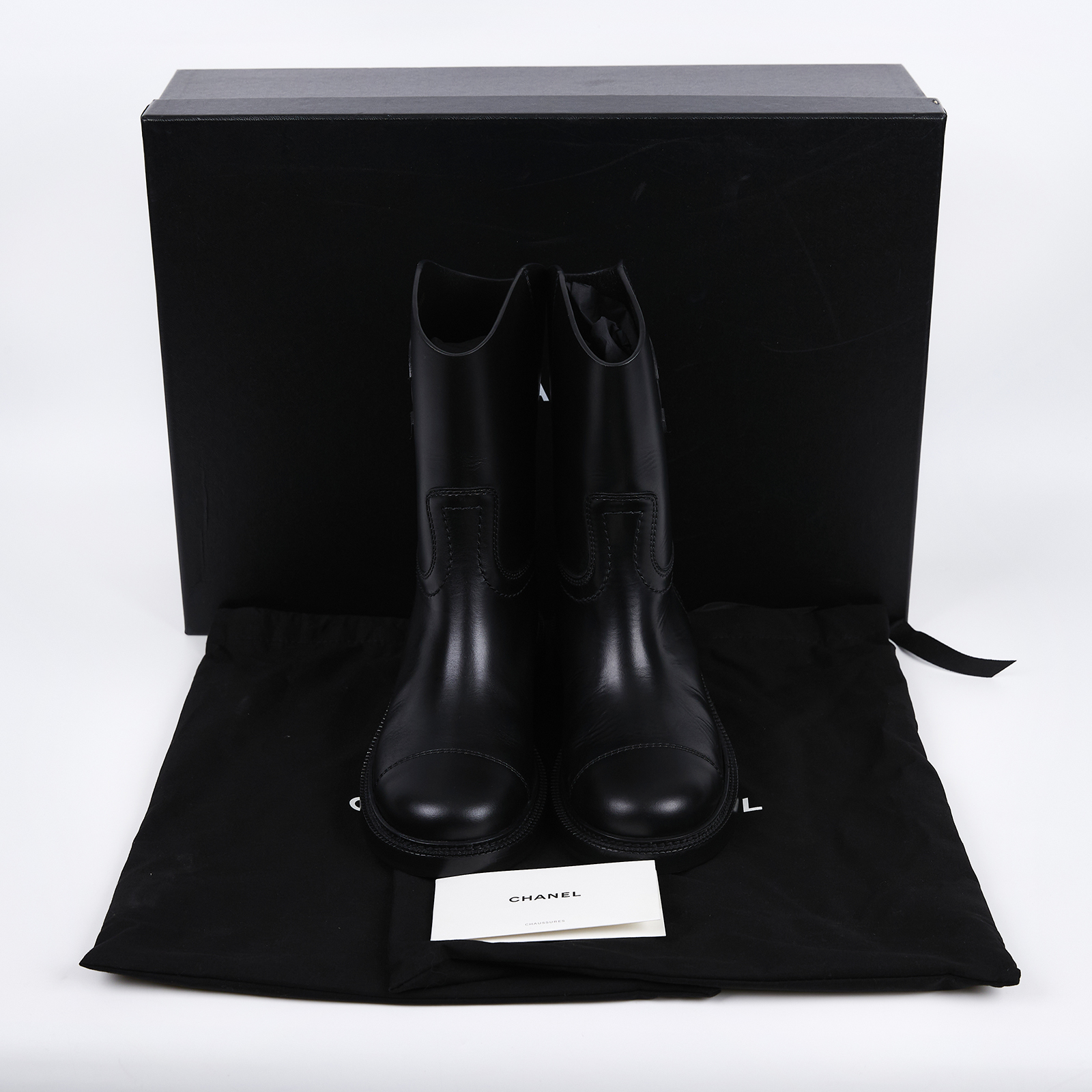 香奈兒 CHANEL CC LOGO 短靴 中筒靴 靴子 G45432_37 黑牛皮雙C靴子#37 原廠盒子/防塵袋2