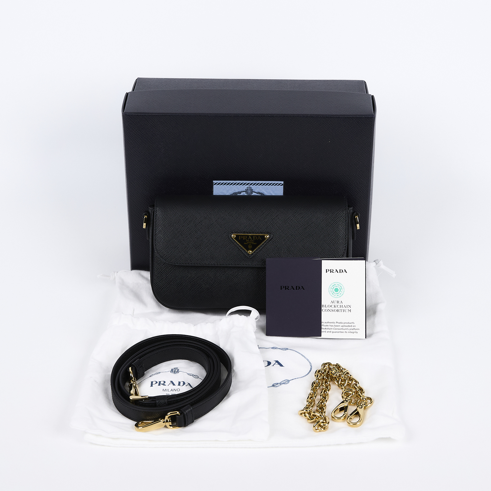 普拉達 PRADA SAFFIANO 肩背包 斜背包 1BD356_NZV 黑金SAFFIANO 肩背包 2WAY 原廠盒子/防塵袋/背帶2