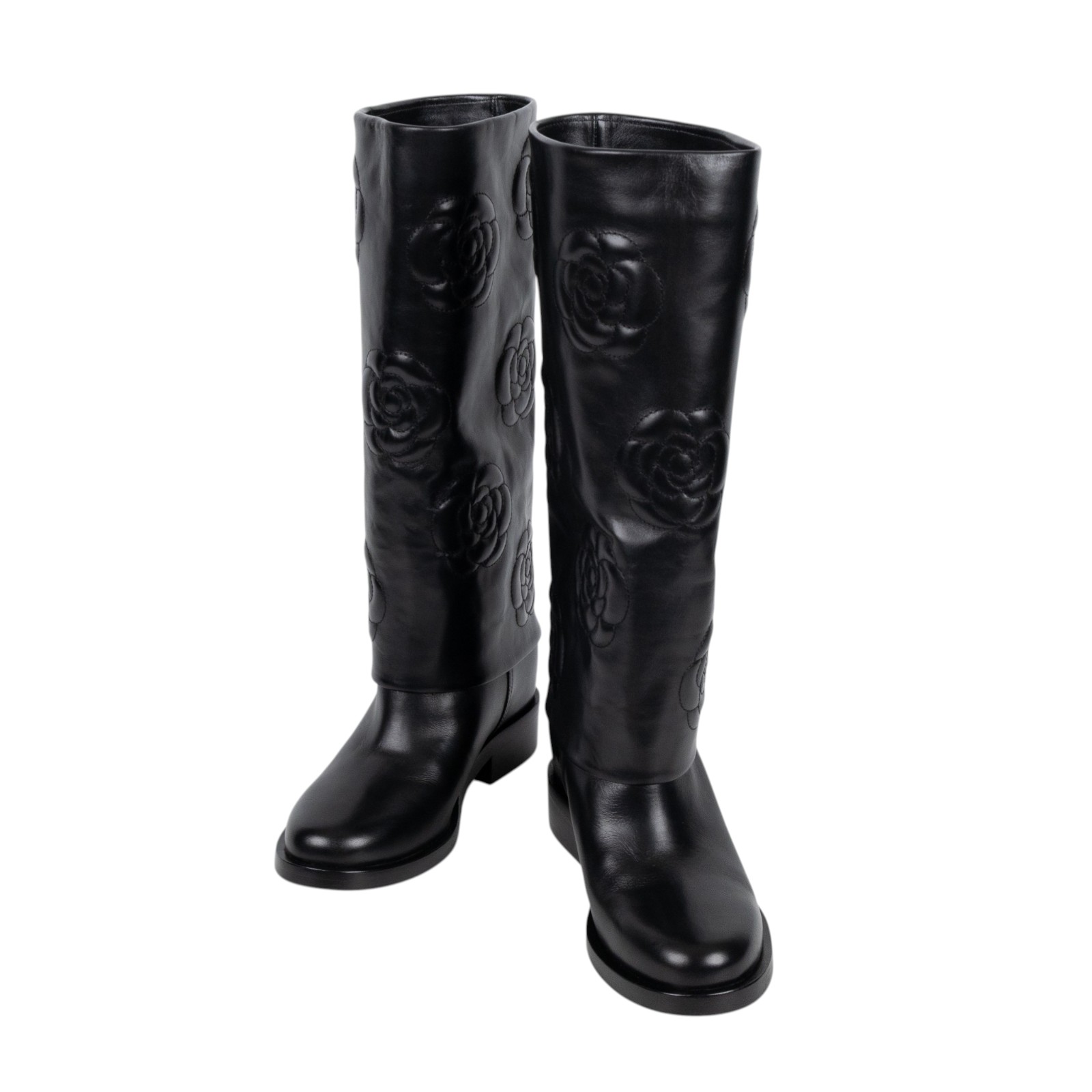 香奈兒 CHANEL 長靴 靴子 鞋子 G32098_37 黑山茶花壓紋長靴#37 原廠盒子/防塵袋