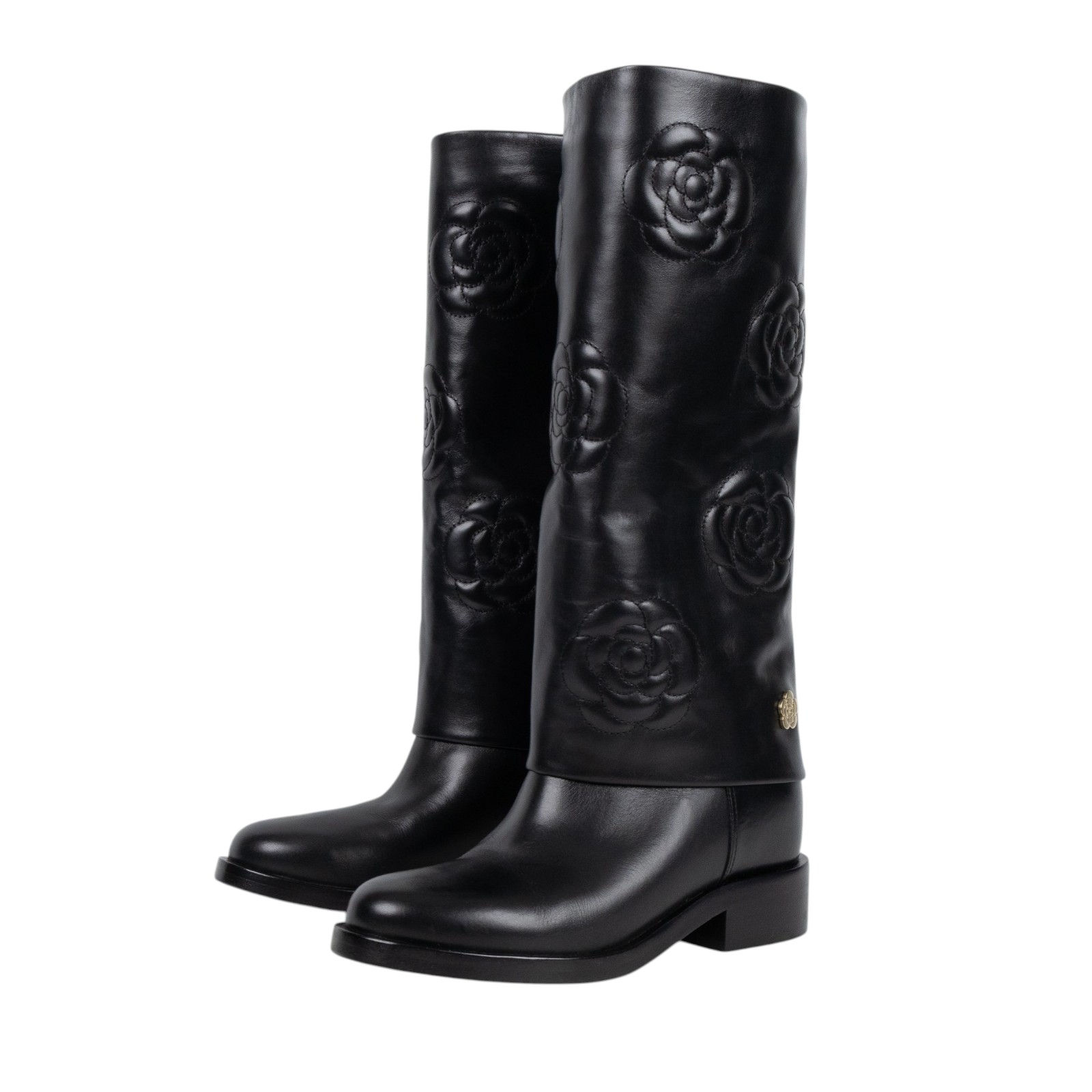 香奈兒 CHANEL 長靴 靴子 鞋子 G32098_37 黑山茶花壓紋長靴#37 原廠盒子/防塵袋