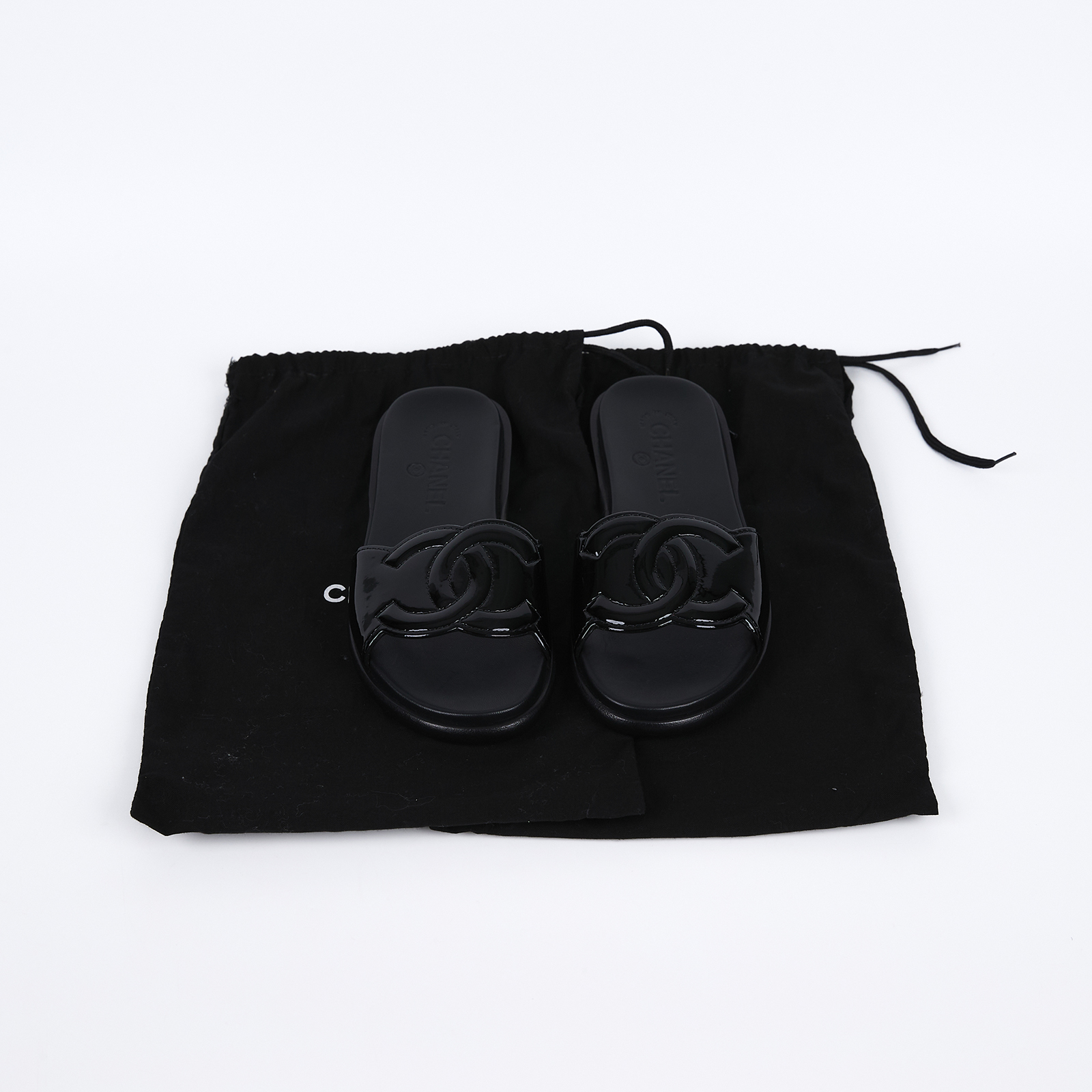 香奈兒 CHANEL CC LOGO 漆皮 拖鞋 涼鞋 G32808_36 黑漆皮拖鞋#36 防塵袋