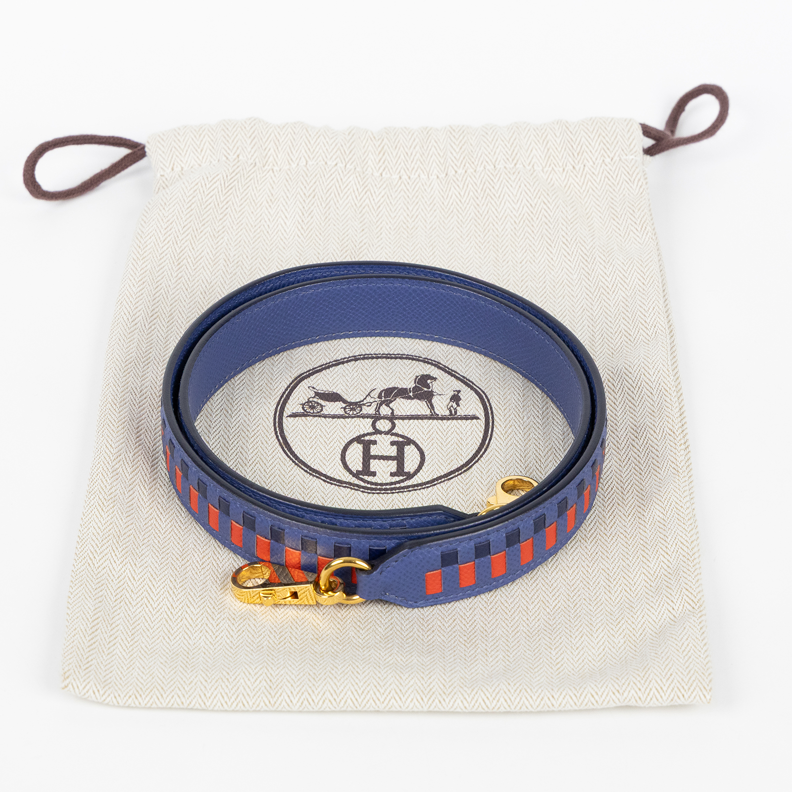 愛馬仕 Hermes Bandouliere 肩帶  C FM 005 PM C刻 藍拚紅金釦背帶 防塵袋