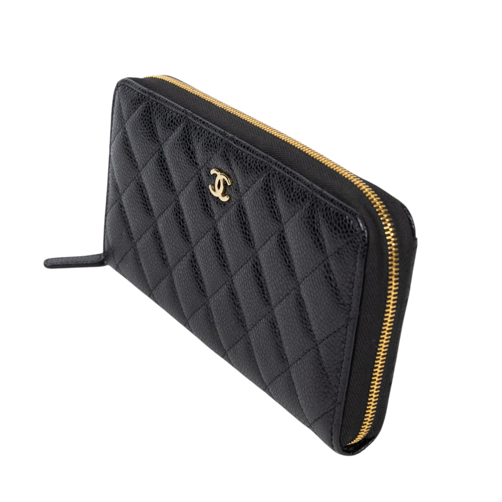 香奈兒 CHANEL CC LOGO 經典拉鍊長夾 粒紋小牛皮 AP0242 晶片款 黑金荔枝長夾 原廠盒子/防塵袋/購買證明影本