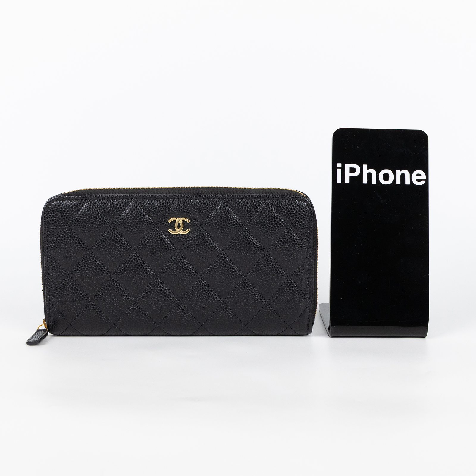 香奈兒 CHANEL CC LOGO 經典拉鍊長夾 粒紋小牛皮 AP0242 晶片款 黑金荔枝長夾 原廠盒子/防塵袋/購買證明影本