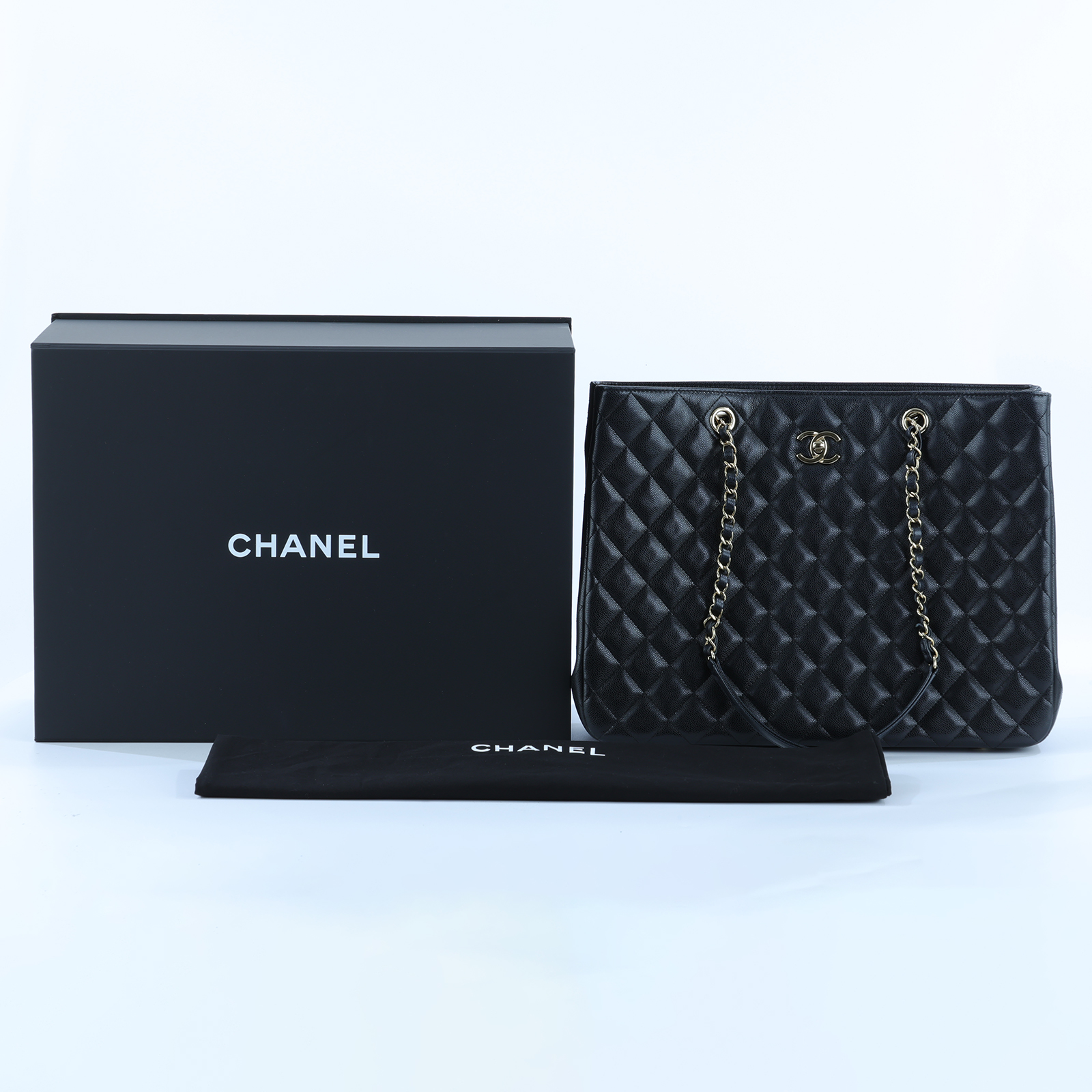 香奈兒 CHANEL CC logo 肩背 托特包 A91046 晶片款 黑荔枝淡金扣 TOTE 原廠盒子/防塵袋