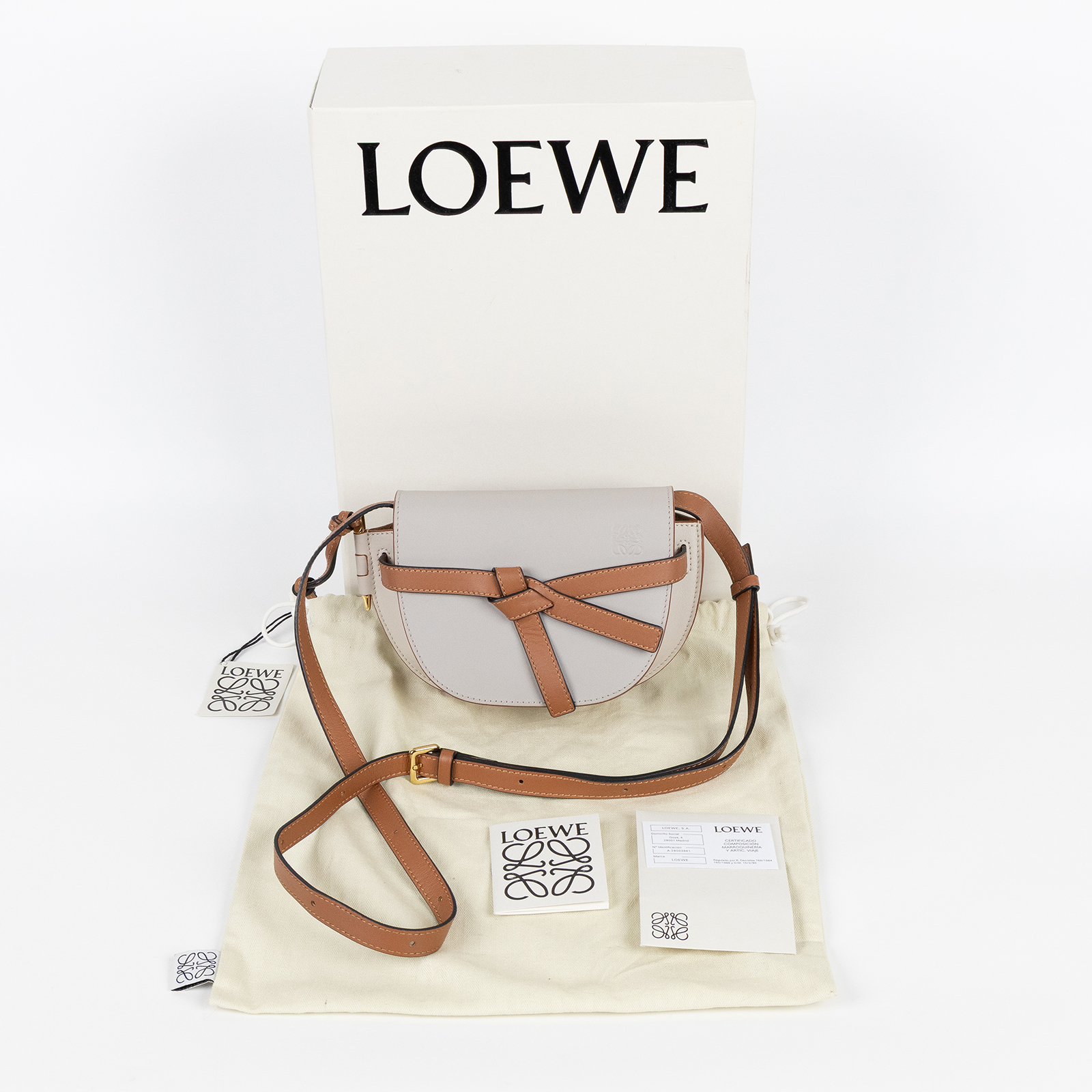 羅意威 LOEWE Mini Gate Dual bag 迷你 小牛皮 肩背包 A650N46X12 淺灰拚焦糖GATE MINI 原廠盒子/防塵袋