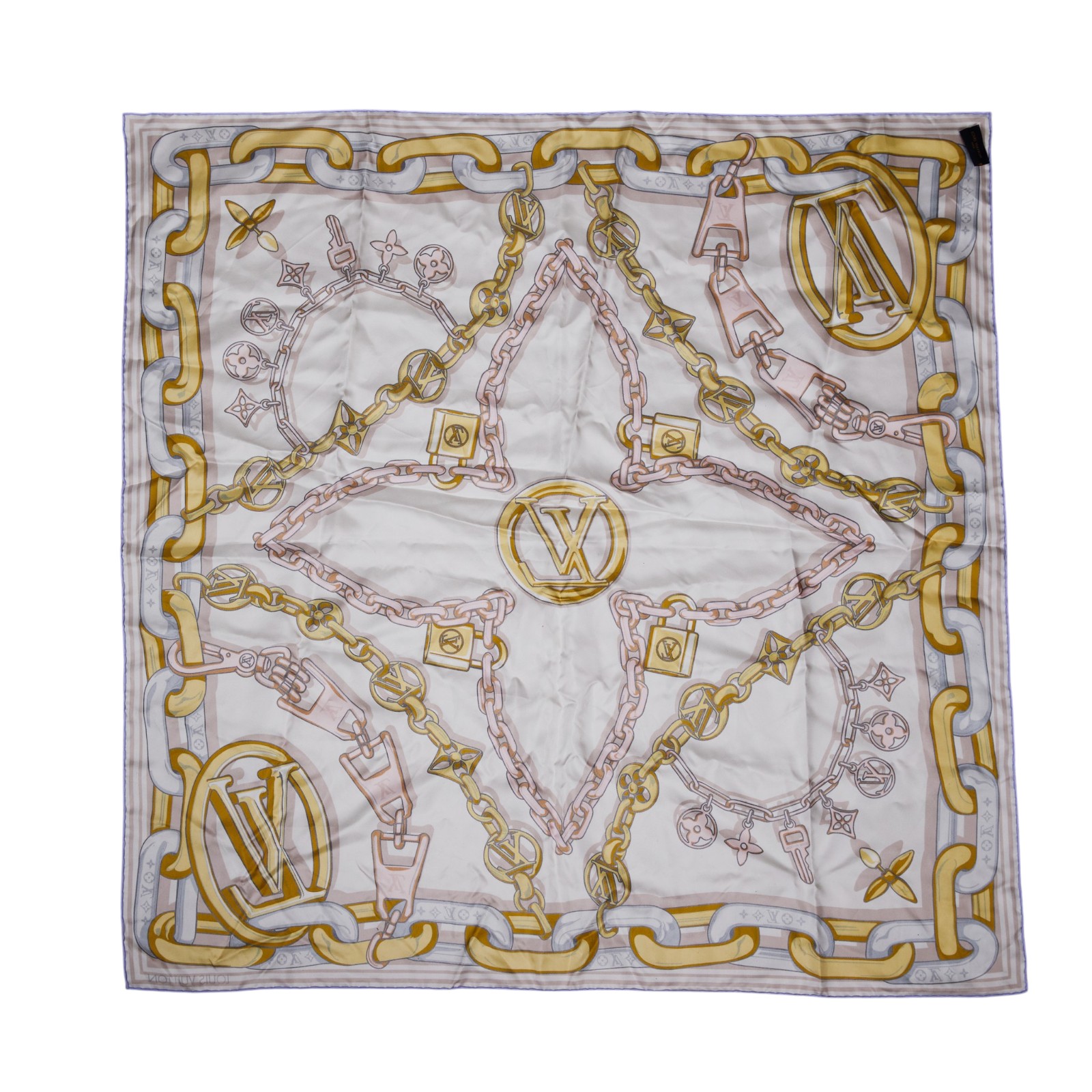 路易威登 LOUIS VUITTON 絲巾 方巾 M77655 藍邊米白底鎖鏈方巾 無附屬品