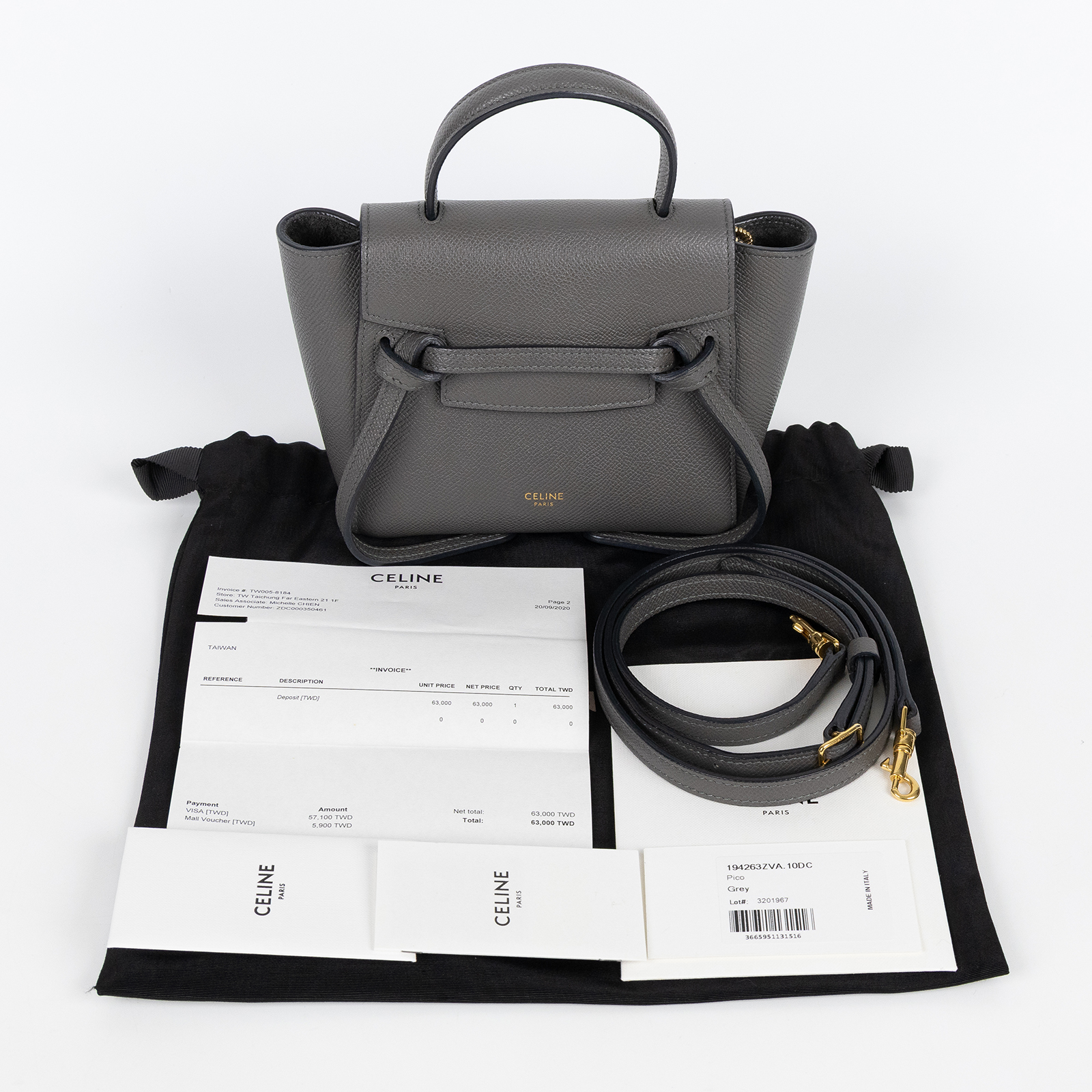 思琳 CELINE Pico Belt 手袋 194263ZVA 鐵灰鯰魚包 BELT PICO 防塵袋/背帶/購買證明