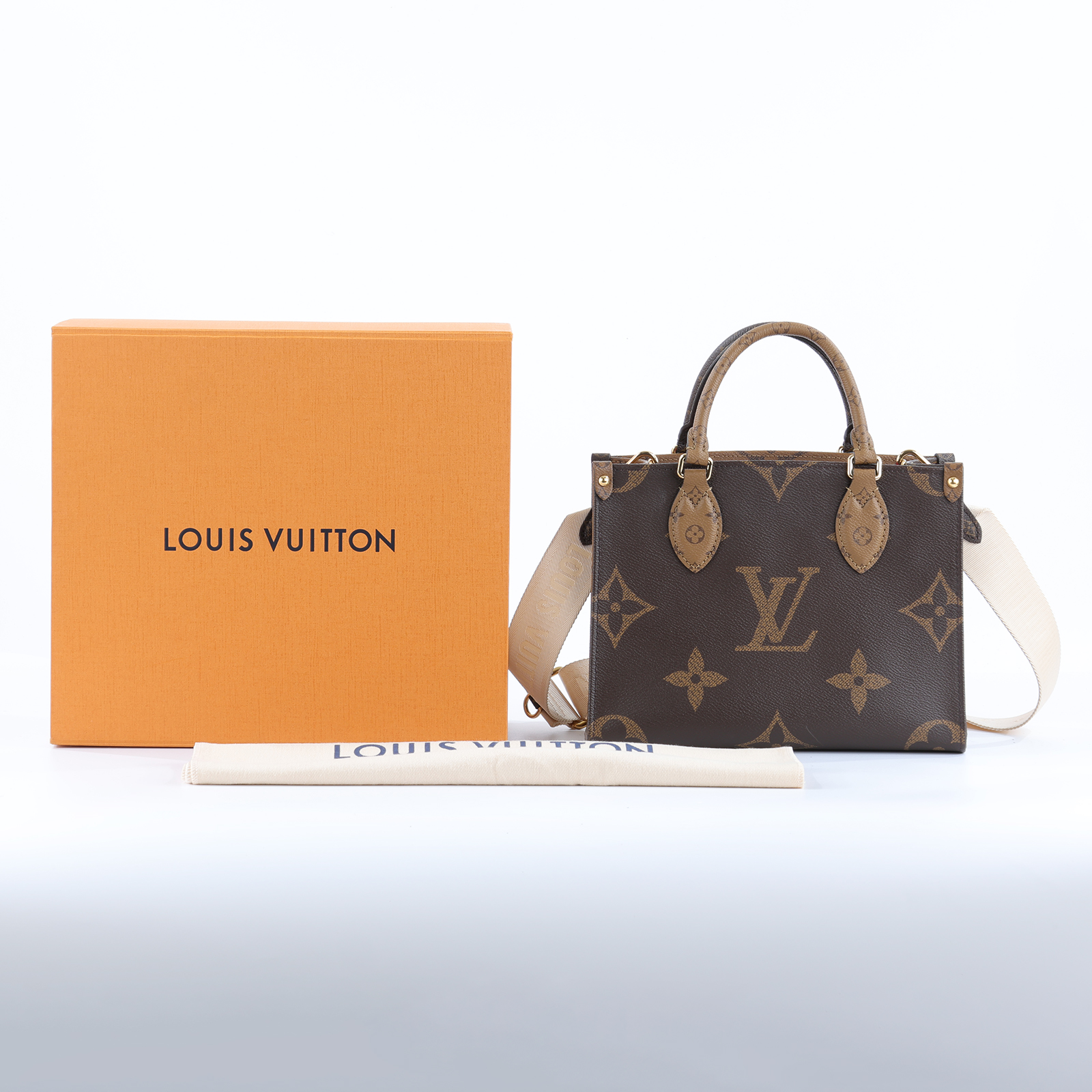 路易威登 LOUIS VUITTON OnTheGo PM 雙色帆布 手提 斜背包 M46373 晶片款  原廠盒子/防塵袋/背帶/內袋