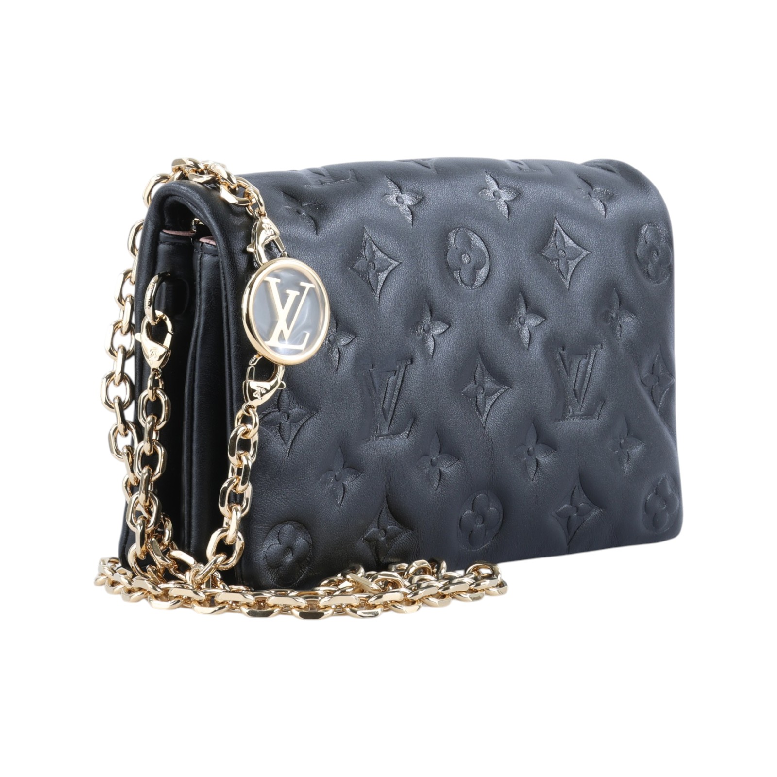 路易威登 LOUIS VUITTON Pochette Coussin 手提 肩背包 壓花 小羊皮 黑色 M82116 晶片款  原廠盒子/防塵袋/金屬背帶/購買證明