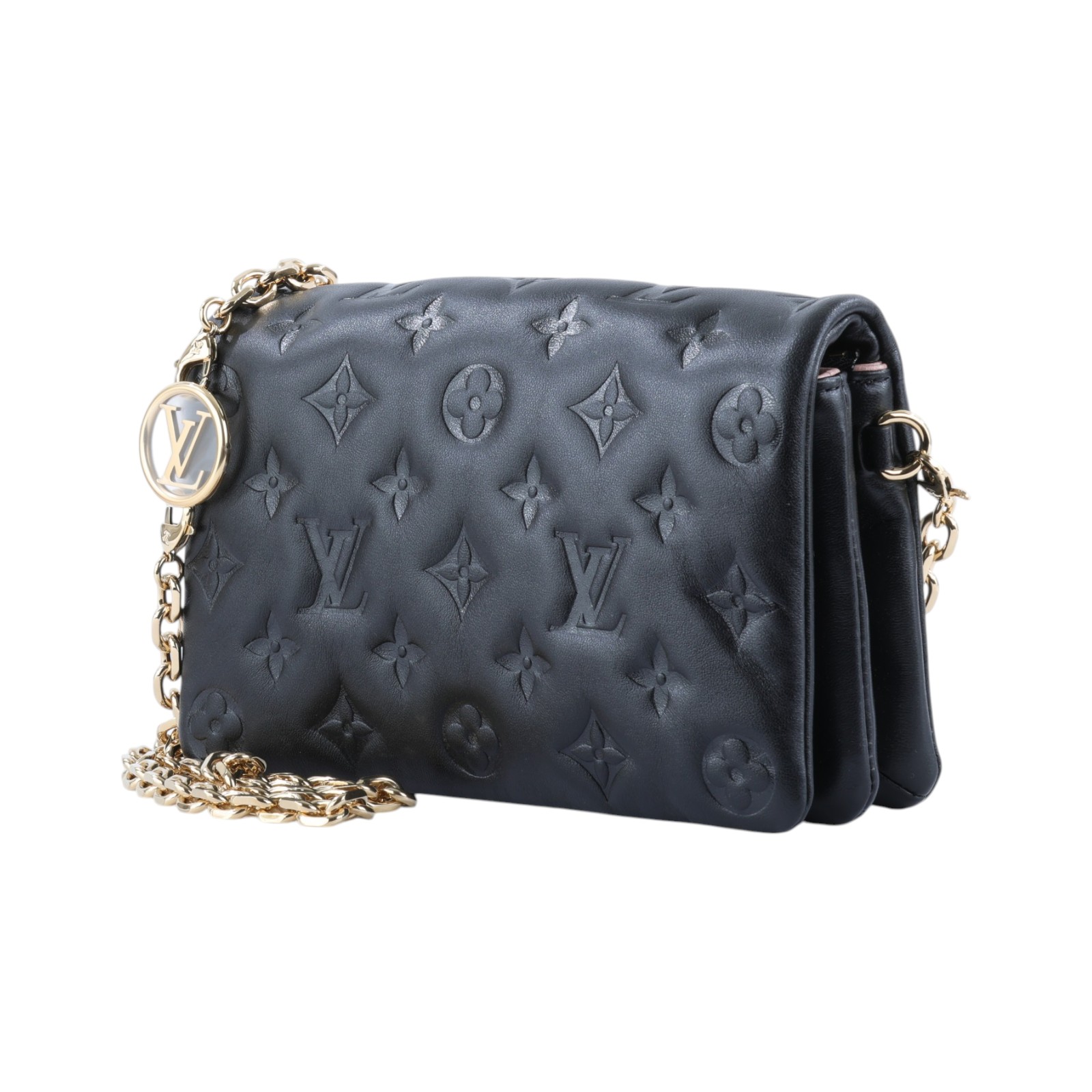 路易威登 LOUIS VUITTON Pochette Coussin 手提 肩背包 壓花 小羊皮 黑色 M82116 晶片款  原廠盒子/防塵袋/金屬背帶/購買證明