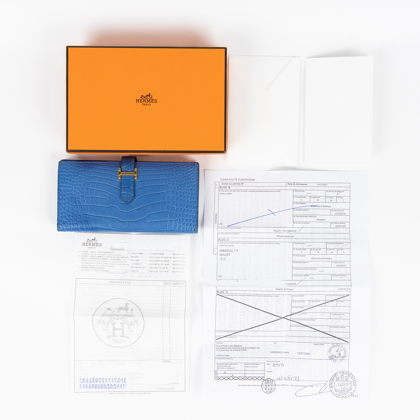 愛馬仕 Hermes Bearn Soufflet 長夾 金色五金 馬賽克藍色 H048601CCI7 /Z PN 006 PY  原廠盒子/購買證明/瀕臨絕種野生動植物國際貿易公約