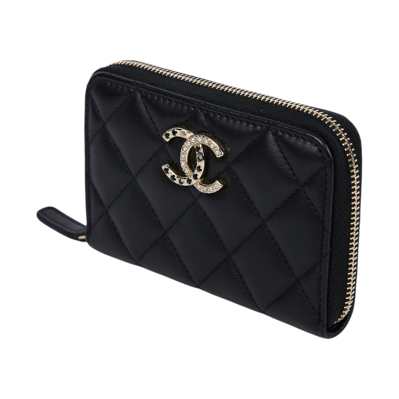 香奈兒 CHANEL CC LOGO 拉鍊皮夾 錢包 AP4037 B16959 晶片款 黑金羊珍珠拚黑鑽拉鍊短夾 原廠盒子/防塵袋/購買證明