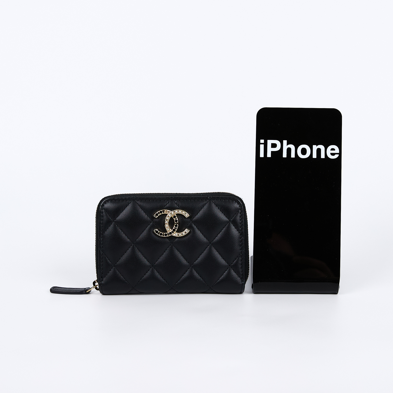 香奈兒 CHANEL CC LOGO 拉鍊皮夾 錢包 AP4037 B16959 晶片款 黑金羊珍珠拚黑鑽拉鍊短夾 原廠盒子/防塵袋/購買證明