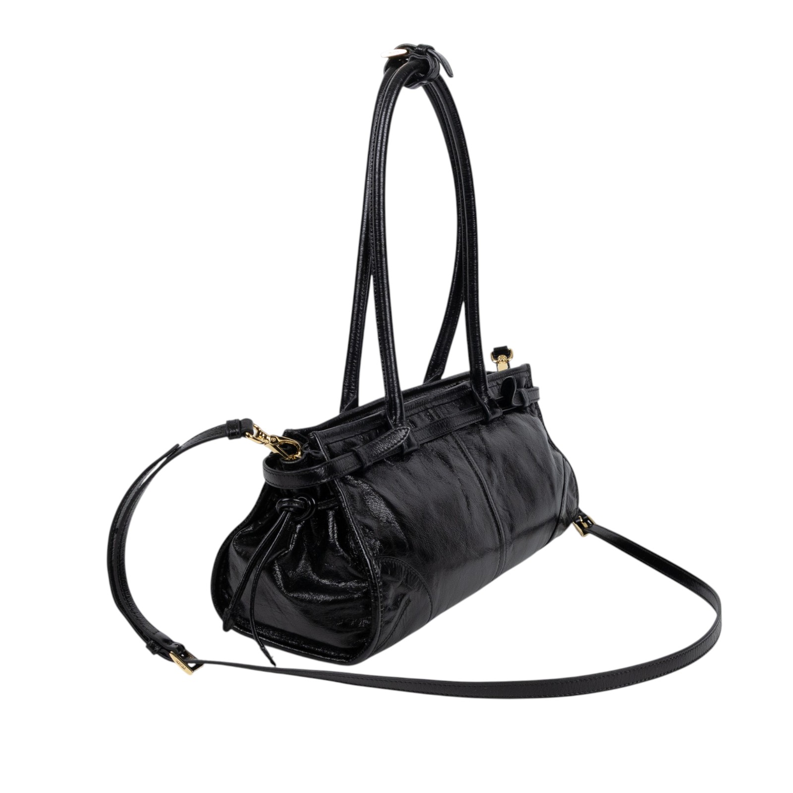 普拉達 PRADA Bonnie 皮革手提包 中型 1BA426_2CYR 黑油蠟皮Bonnie 中號皮革手袋 防塵袋/背帶