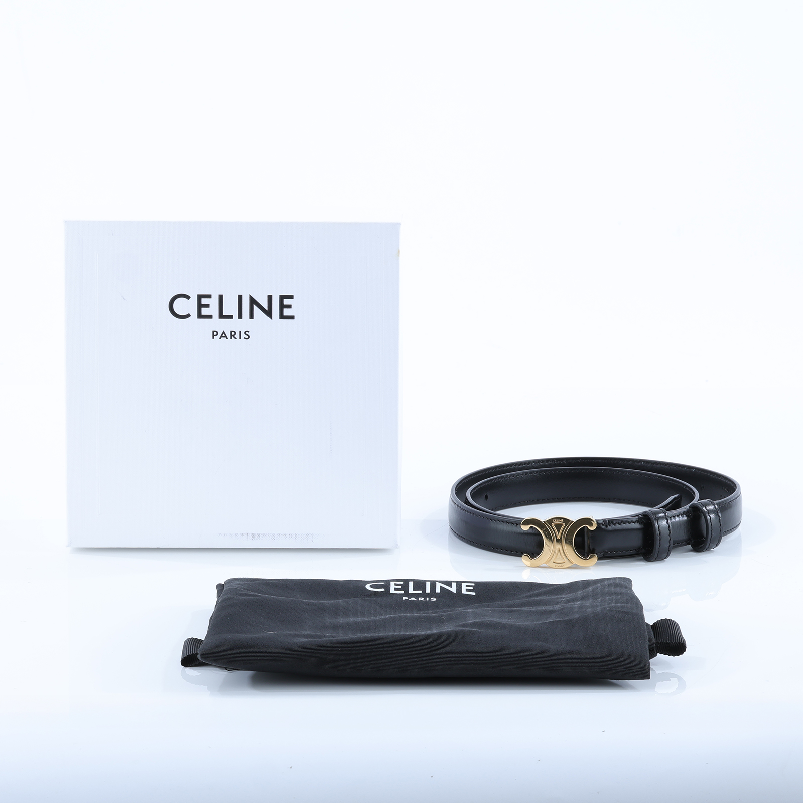 思琳 CELINE Trio,phe 18毫米 腰帶 45AX63A01_75 黑金凱旋皮帶#75 原廠盒子/防塵袋
