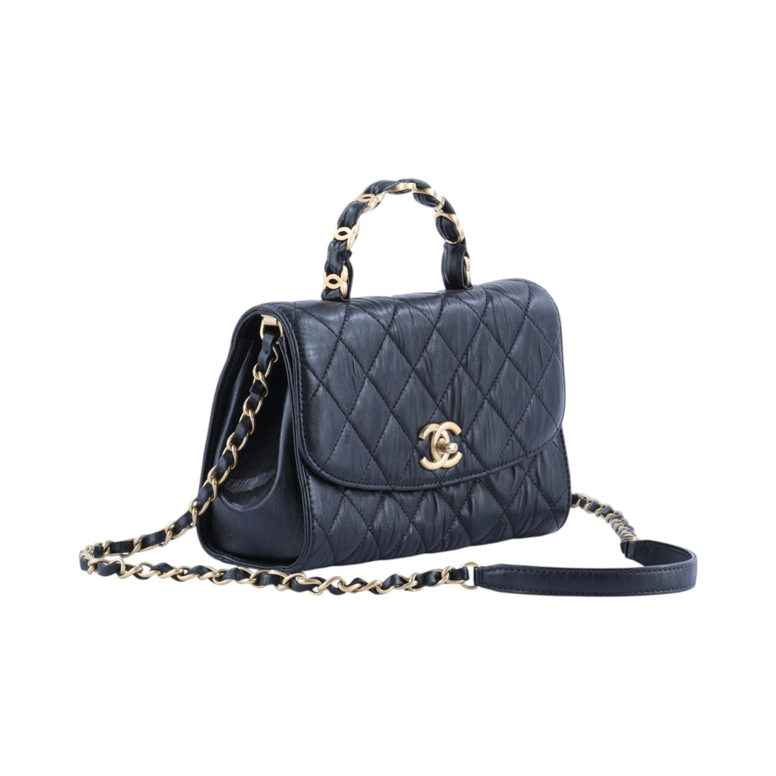 香奈兒 CHANEL Handle 手提 肩背 口蓋包 AS2478 B05514 31開 黑皺褶小羊皮提把翻蓋包 23CM 原廠盒子/保證卡/防塵袋/購買證明
