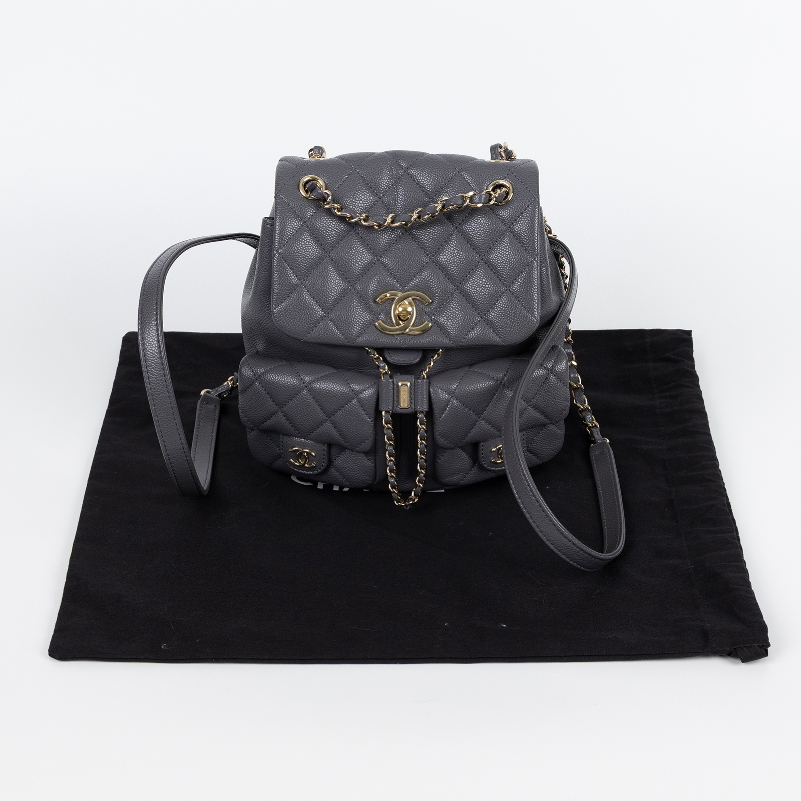 香奈兒 CHANEL Duma 經典 CC Logo 菱格紋 雙肩 後背包 AS3860 晶片款 灰荔枝DUMA 中號 防塵袋