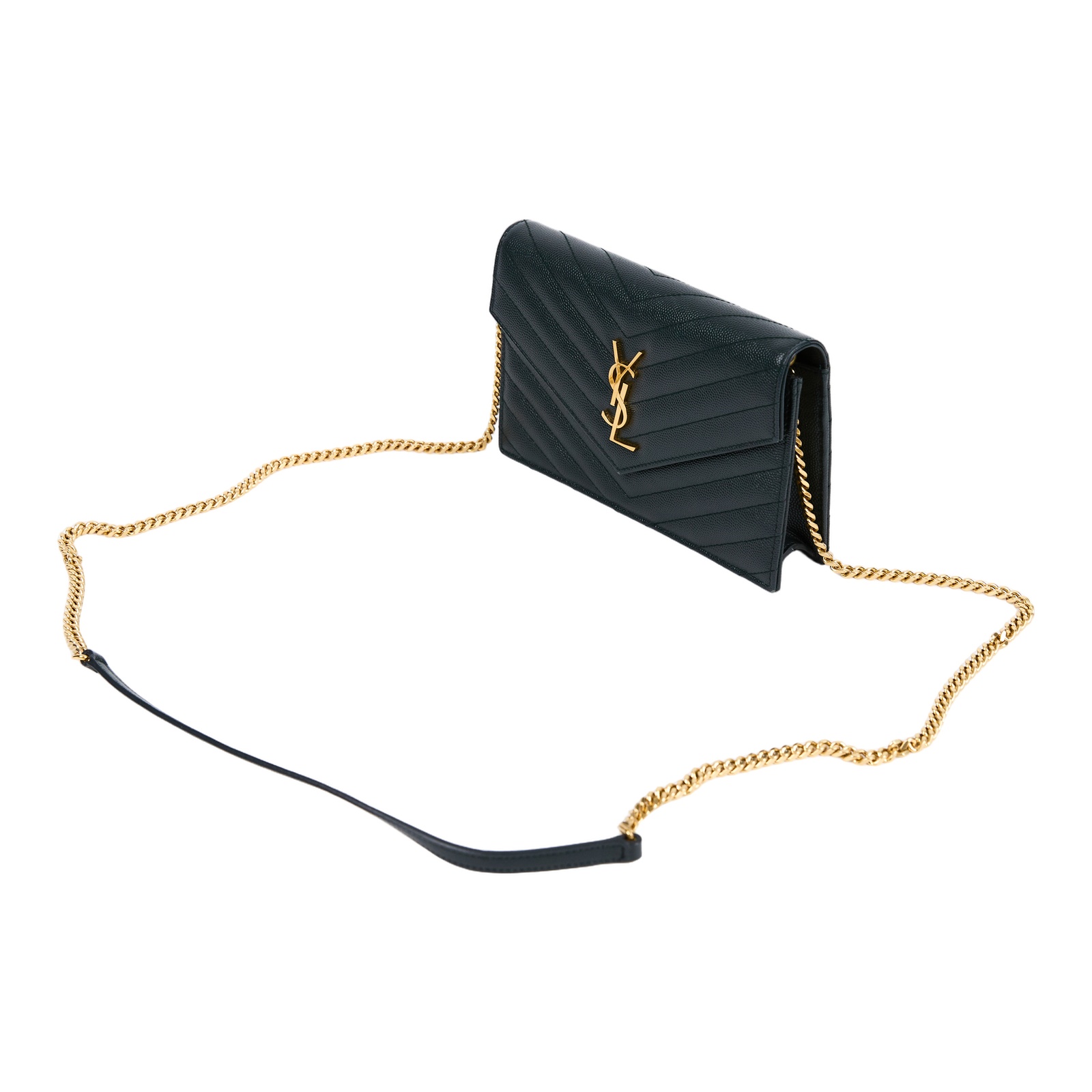 聖羅蘭 YSL SAINT LAURENT 山形紋 鏈袋 信封包 金扣 393953BOW01 綠金魚子醬WOC 原廠盒子/防塵袋/背帶