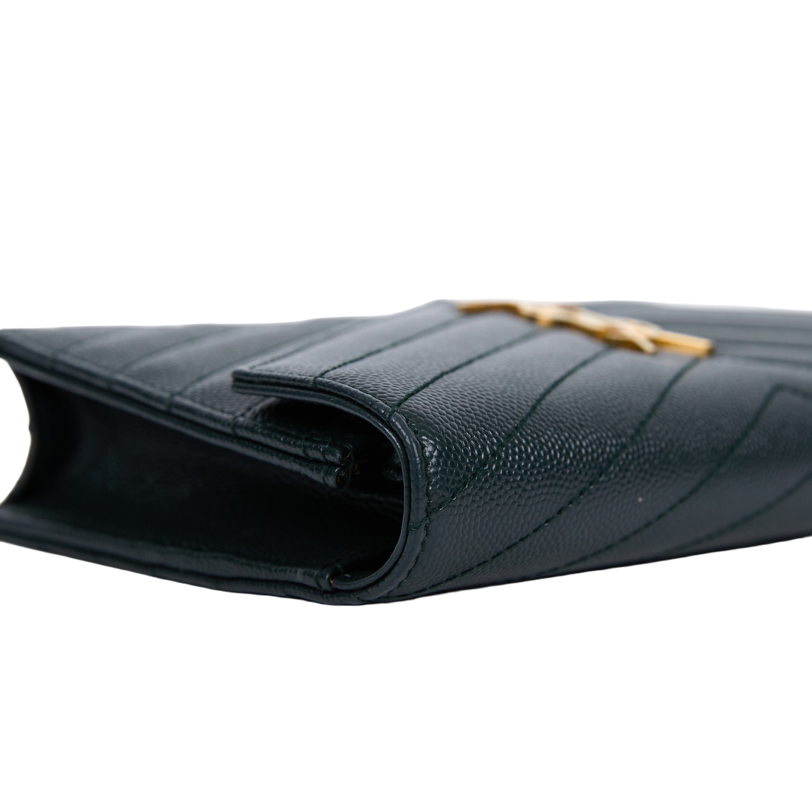 聖羅蘭 YSL SAINT LAURENT 山形紋 鏈袋 信封包 金扣 393953BOW01 綠金魚子醬WOC 原廠盒子/防塵袋/背帶
