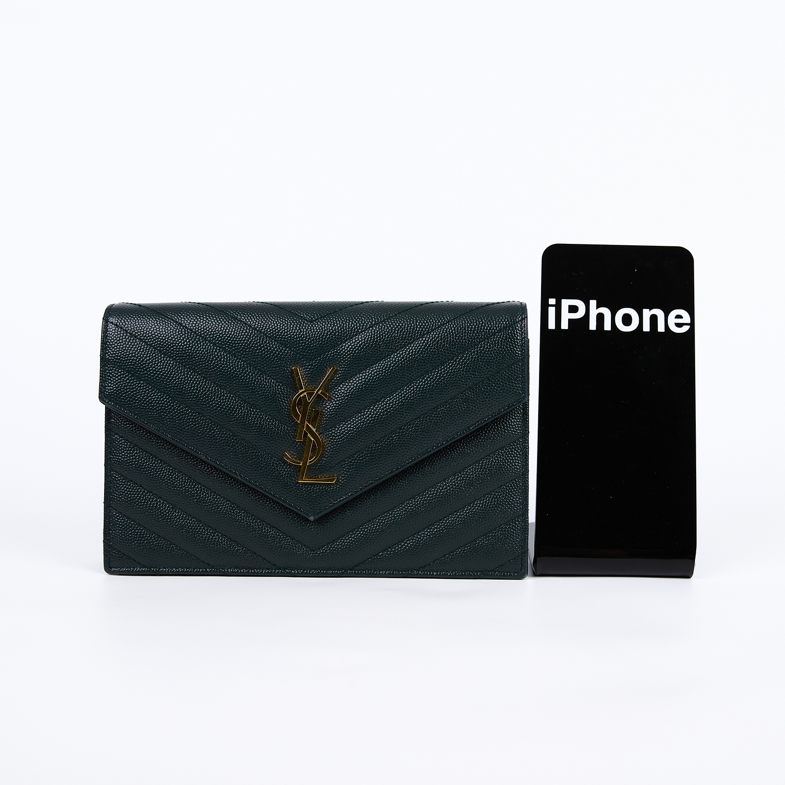 聖羅蘭 YSL SAINT LAURENT 山形紋 鏈袋 信封包 金扣 393953BOW01 綠金魚子醬WOC 原廠盒子/防塵袋/背帶