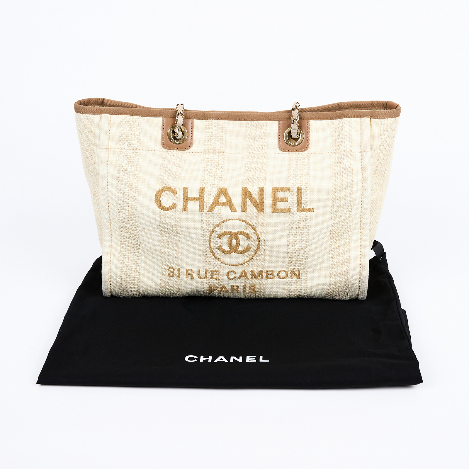 香奈兒 CHANEL DEAUVILLE MM 沙灘 托特包 A67001 29開米杏直紋DEAUVILLE沙灘包 防塵袋