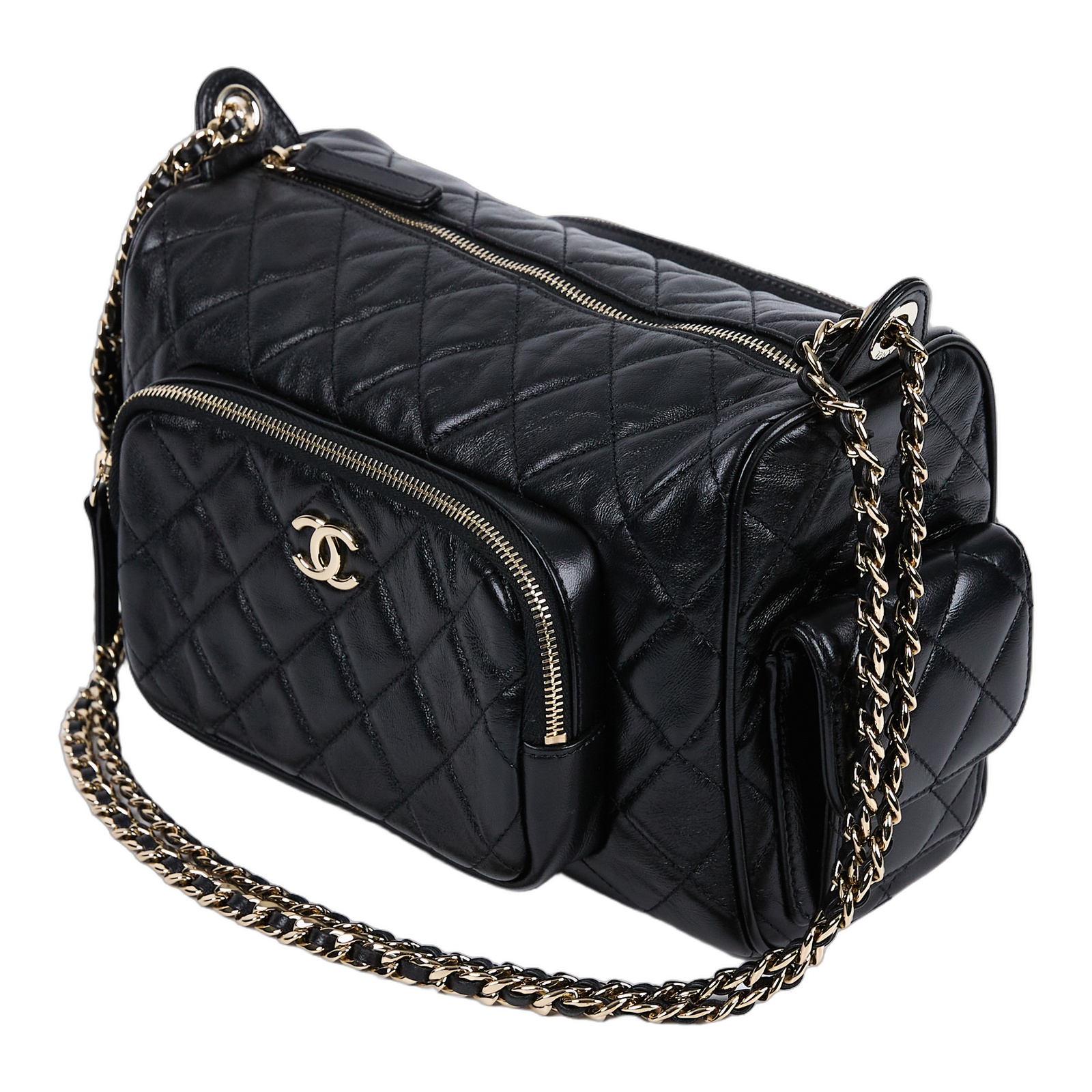 香奈兒 CHANEL 24K 肩背包 斜背包 AS5156 晶片款 黑金羊菱格紋相機鏈條單肩包 無附屬品