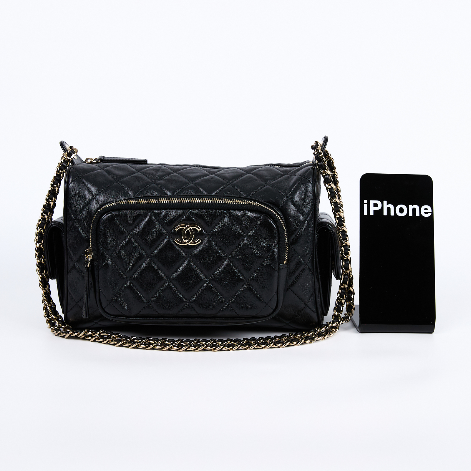 香奈兒 CHANEL 24K 肩背包 斜背包 AS5156 晶片款 黑金羊菱格紋相機鏈條單肩包 無附屬品