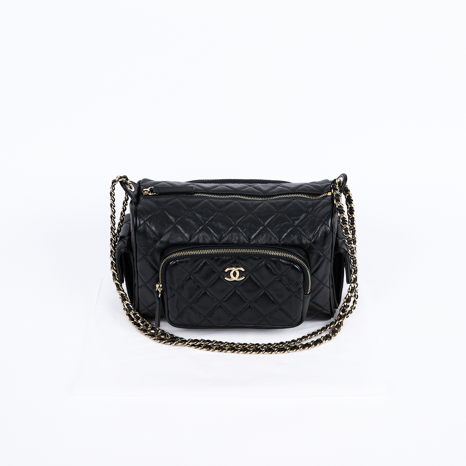 香奈兒 CHANEL 24K 肩背包 斜背包 AS5156 晶片款 黑金羊菱格紋相機鏈條單肩包 無附屬品