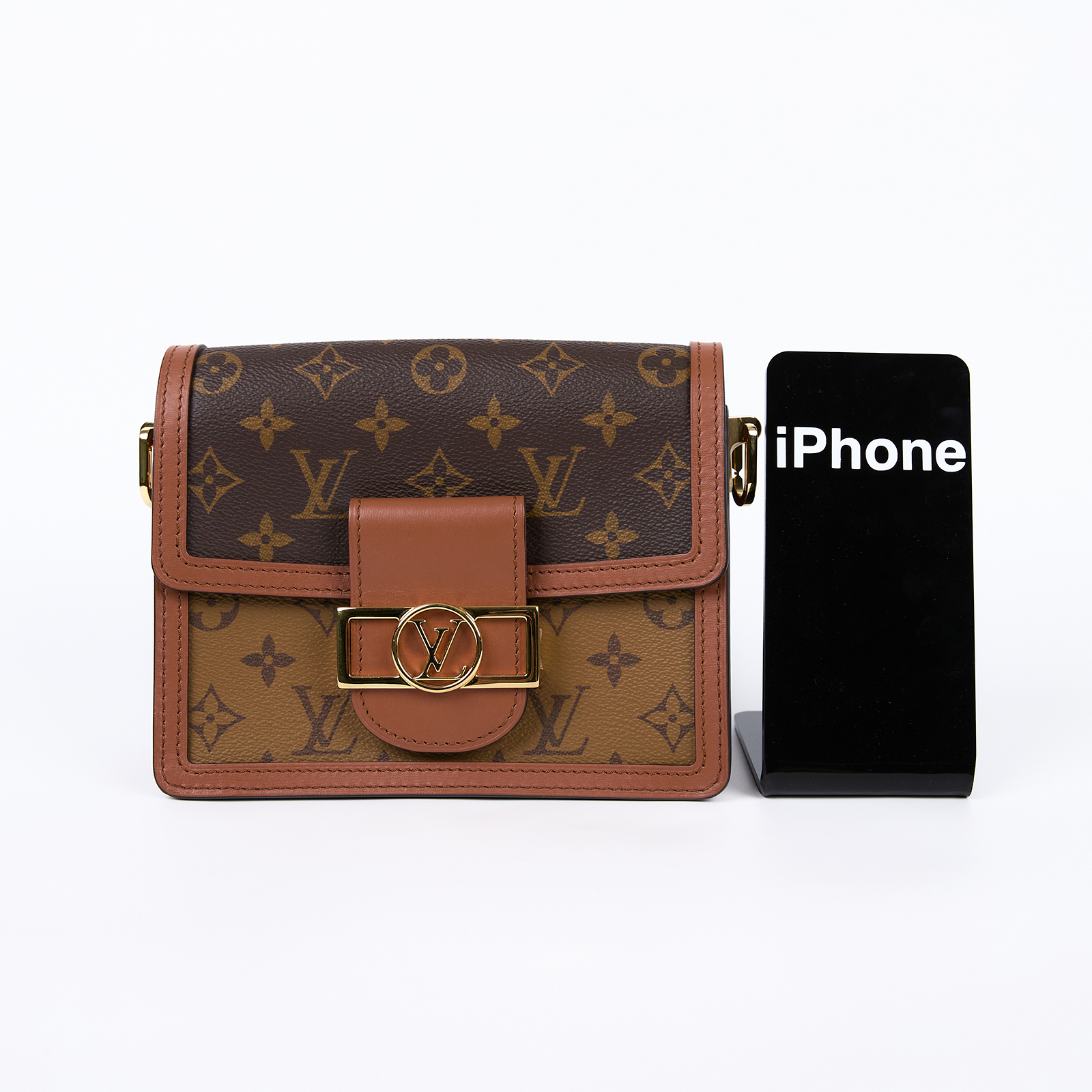 路易威登 LOUIS VUITTON Mini Dauphine 達芙妮 Reverse皮革飾邊 帆布肩背 斜背包 M45959 晶片款  背帶