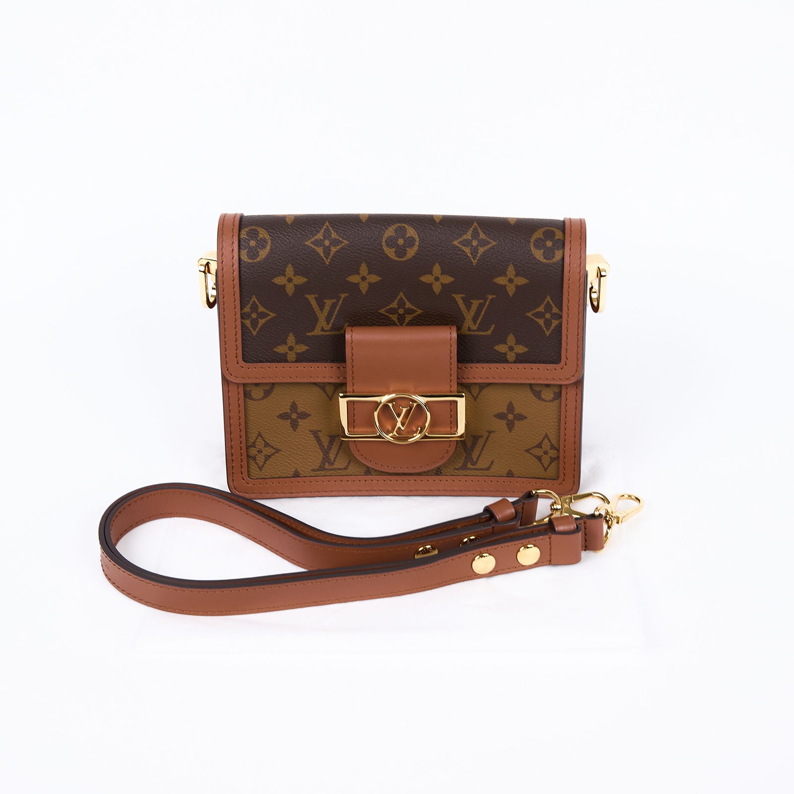 路易威登 LOUIS VUITTON Mini Dauphine 達芙妮 Reverse皮革飾邊 帆布肩背 斜背包 M45959 晶片款  背帶