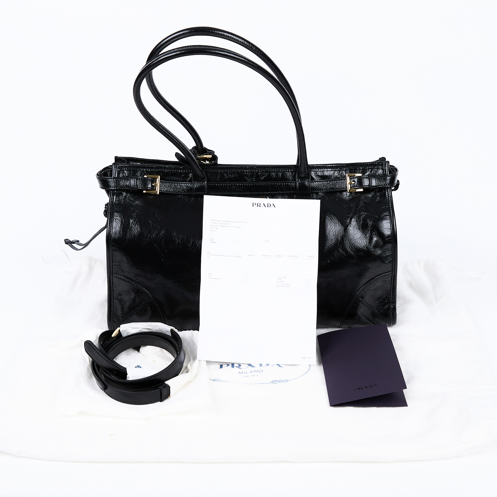 普拉達 PRADA Bonnie 皮革手提包 大型 1BA433_2CYR 黑Bonnie 大號皮革手袋 防塵袋/背帶/購買證明