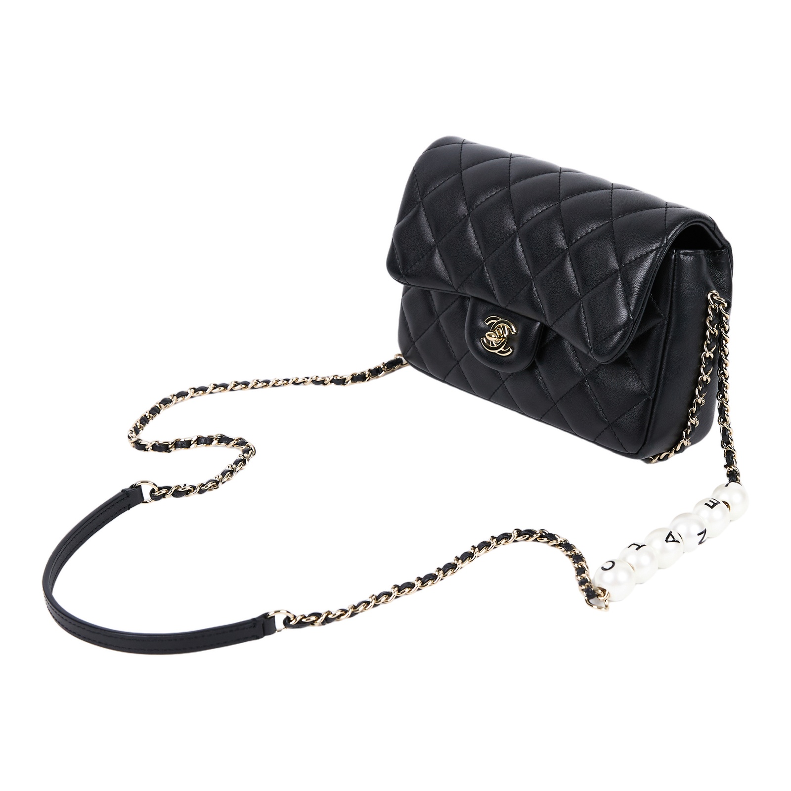 香奈兒 CHANEL Mini Coco CF 口蓋包 肩背包 斜背包 AS1436 黑羊皮珍珠鍊口蓋包 20CM 原廠盒子/防塵袋/保證卡