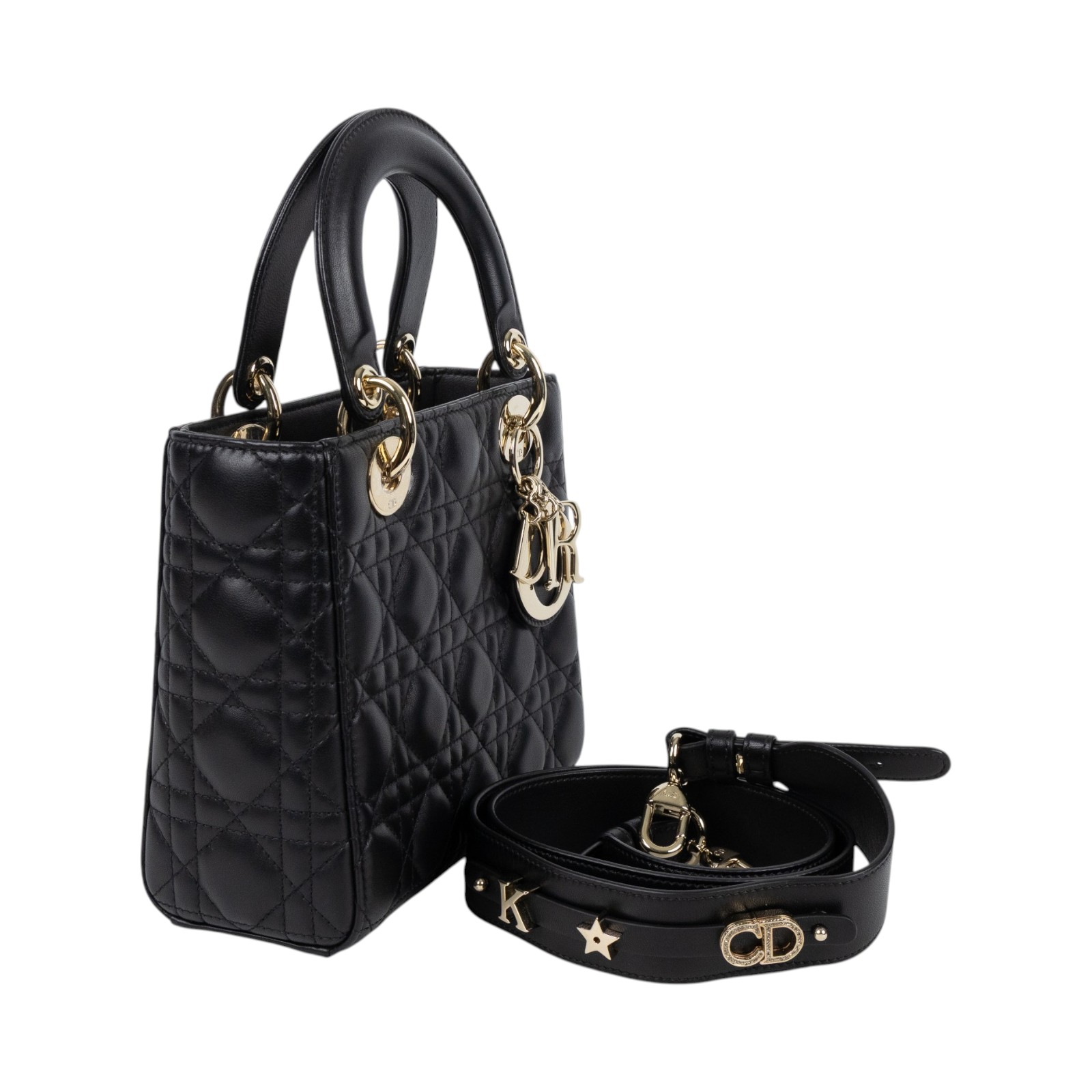 迪奧 CHRISTIAN DIOR Lady Dior My ABCDior 小型 肩背 手提包 羊皮  黑金LADY DIOR 5X4 背帶/防塵袋