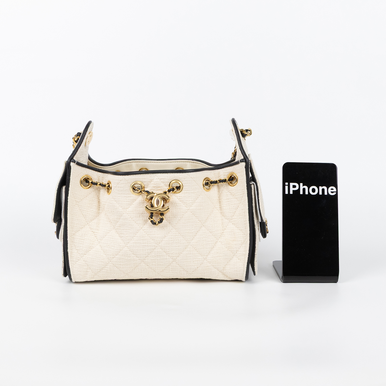 香奈兒 CHANEL 25 迷你包 AS5631 B23519 晶片款 米白帆布黑滾邊25包 MINI 原廠盒子/防塵袋