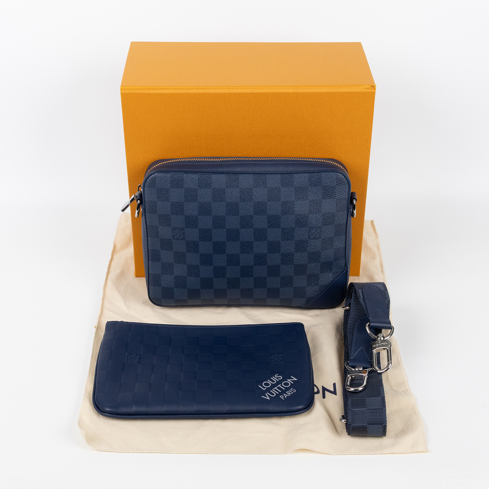 路易威登 LOUIS VUITTON Trio 三合一 郵差包 斜背包 N40438 晶片款 藍棋盤格三合一郵差包 原廠盒子/防塵袋/內袋/背帶