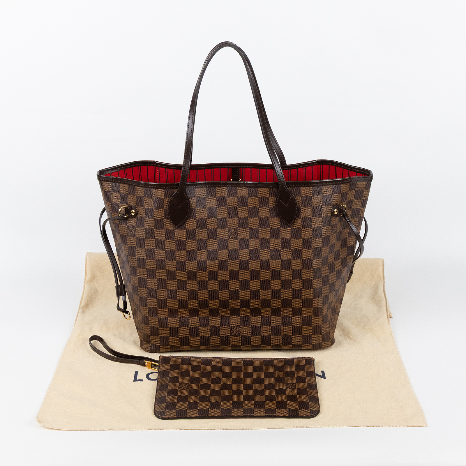 路易威登 LOUIS VUITTON Neverfull MM  棕棋盤格 肩背 購物袋 櫻桃紅內襯 N40599  防塵袋/內袋