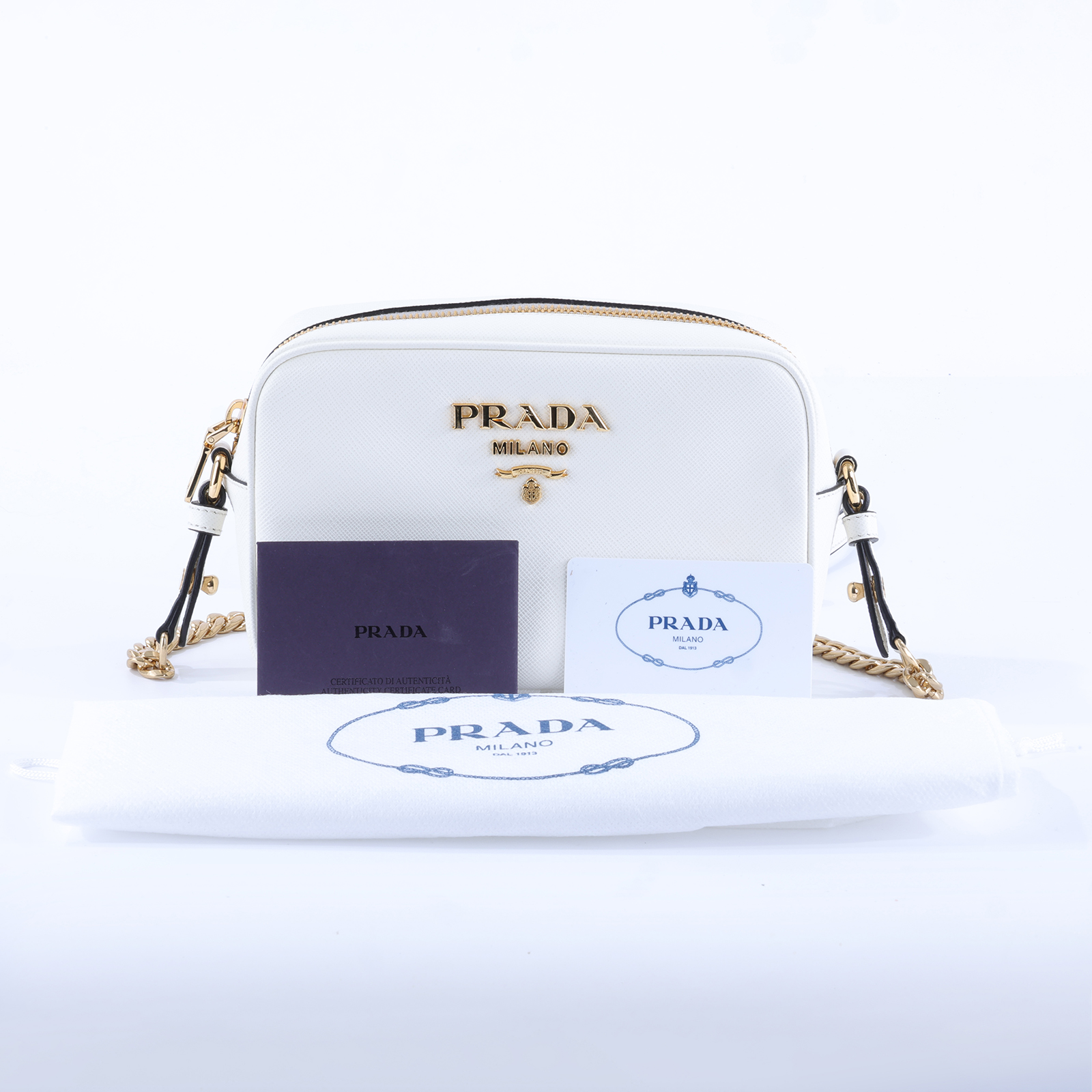 普拉達 PRADA 肩背包 斜背包 1BH149_2B1N 白牛皮相機包 防塵袋/保證卡