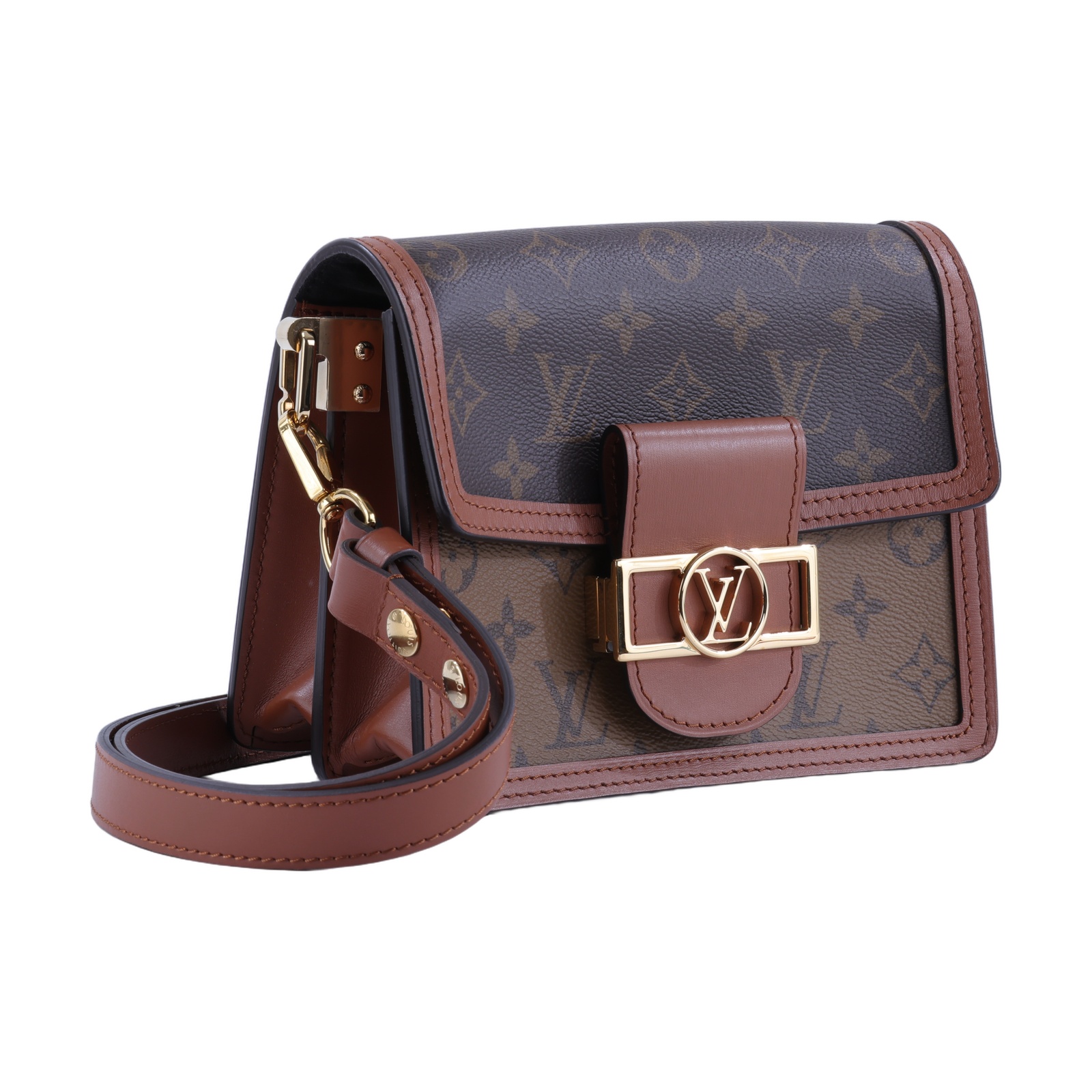 路易威登 LOUIS VUITTON Mini Dauphine 達芙妮 Reverse皮革飾邊 帆布肩背 斜背包 M45959 晶片款  原廠盒子/防塵袋/背帶